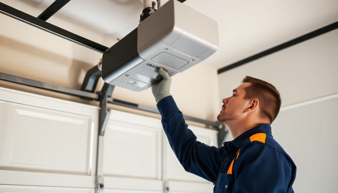 Garage door opener repair technician inspecting a residential garage door opener in Kannapolis, NC
