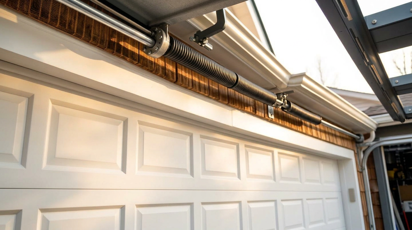 Garage door spring repair technician working on a residential garage door in Kannapolis, NC