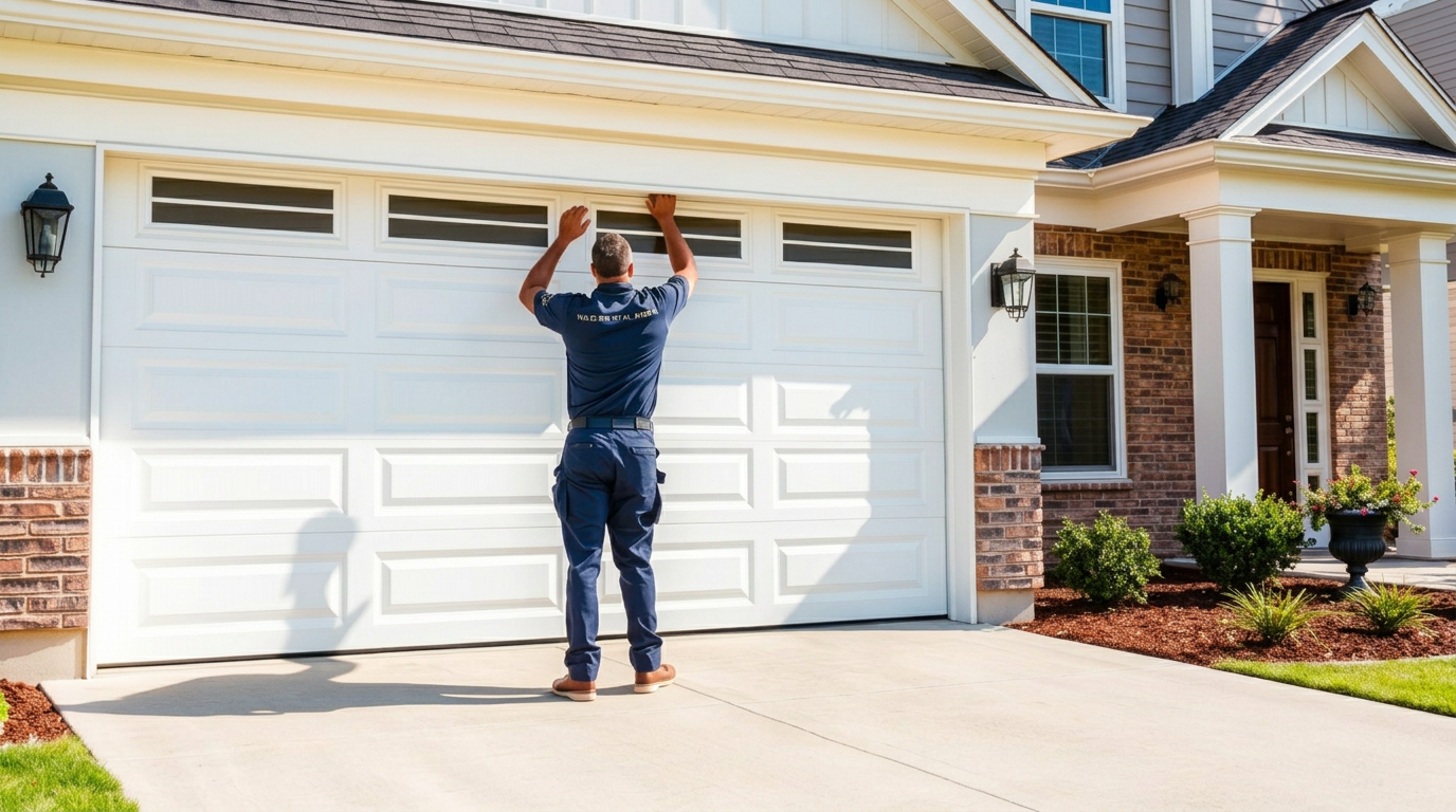 Technicians installing a new residential garage door on a home in Kannapolis, NC